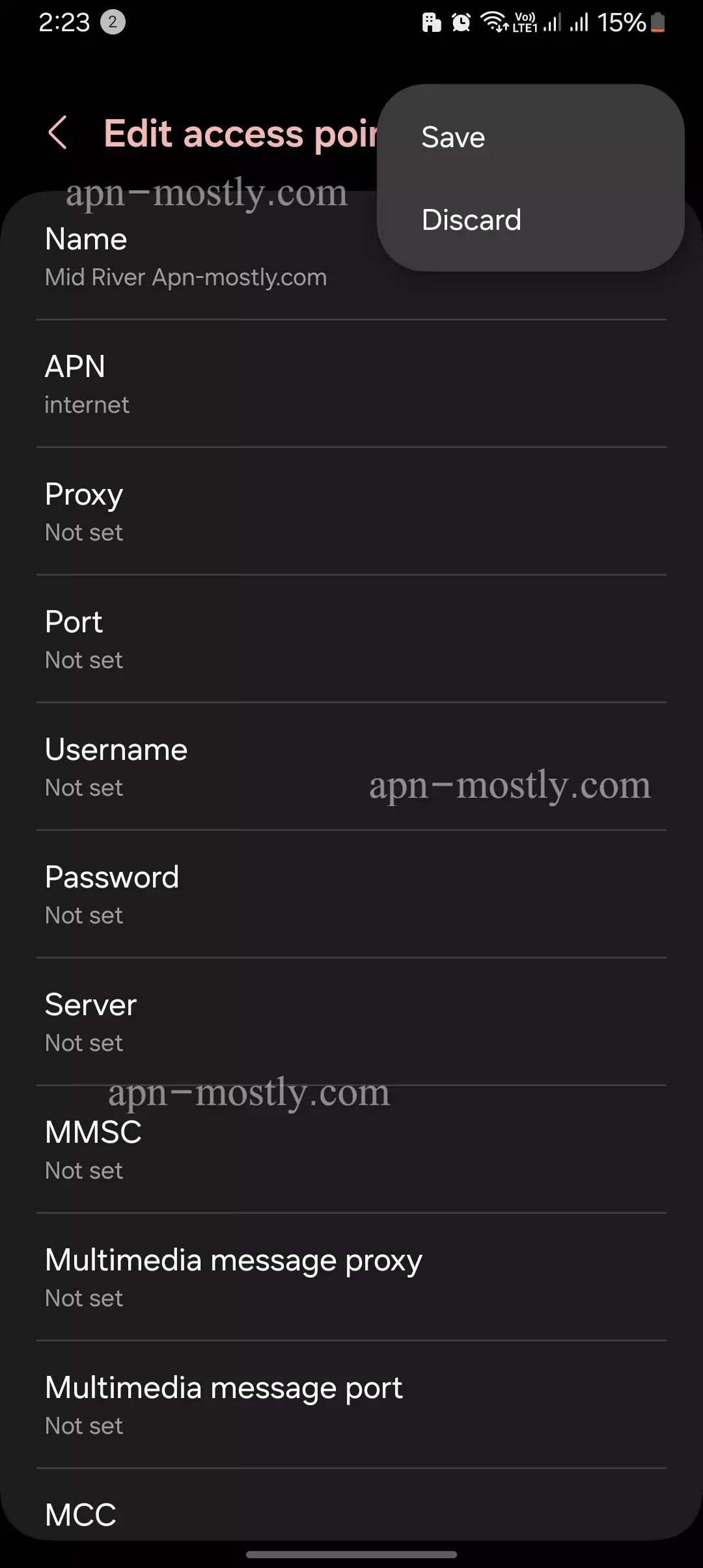 screenshot of saving the configured apn for mid rivers