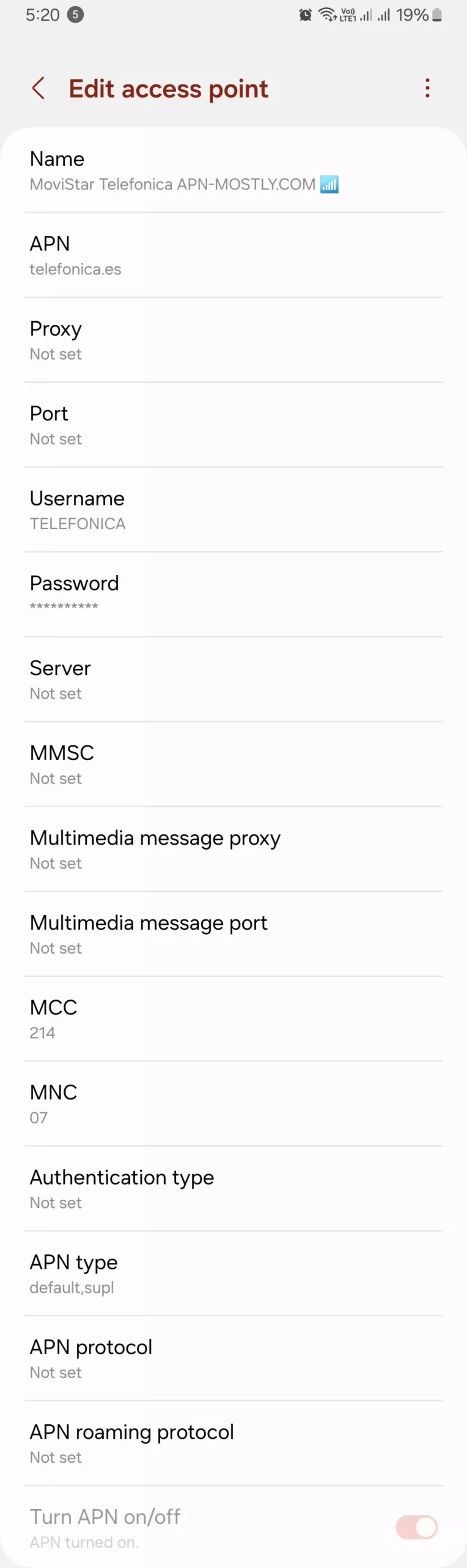 complete screenshot of telefonica movistar apn