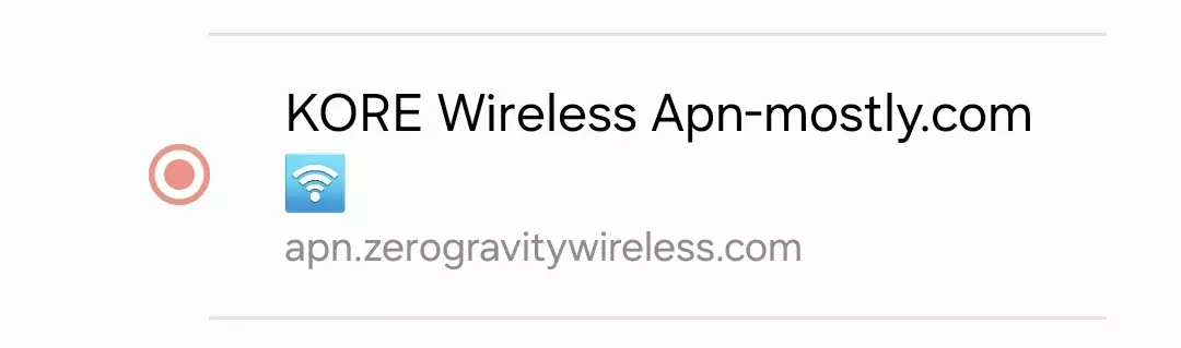 cropped screenshot of kore wireless apn mostly