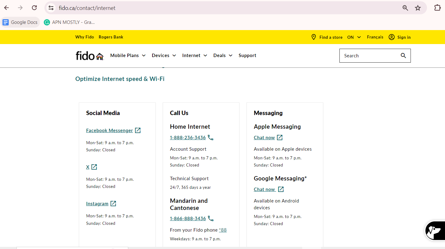 screenshot of contact details for fido.ca 