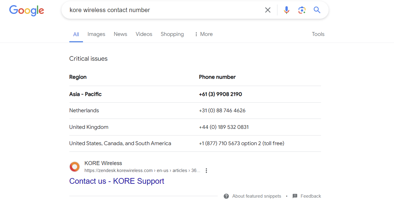 screenshot of kore wireless contact page
