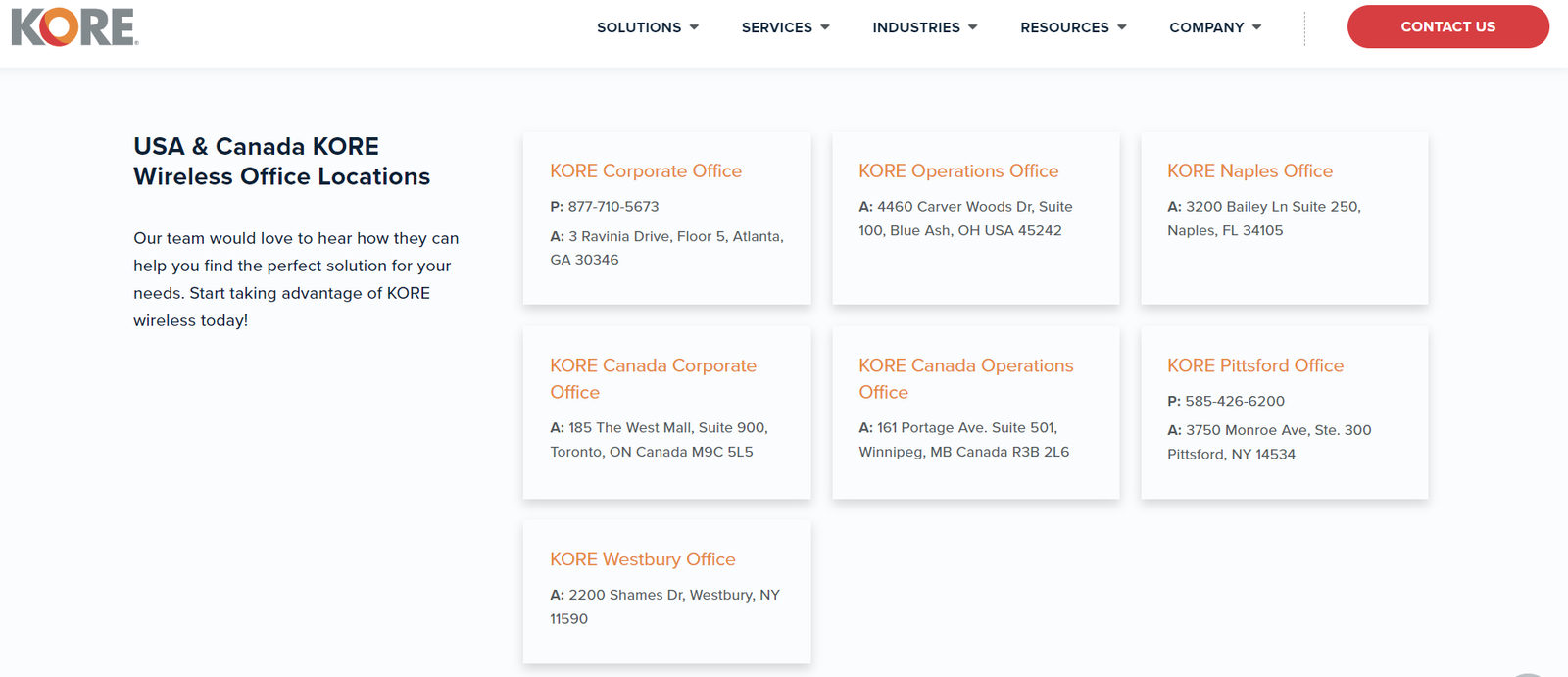 screenshot of USA Canada kore wireless office locations in a screenshot