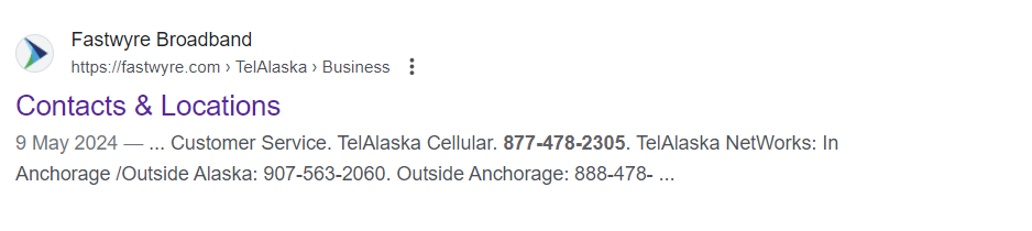 screenshot of contact page for telalaska