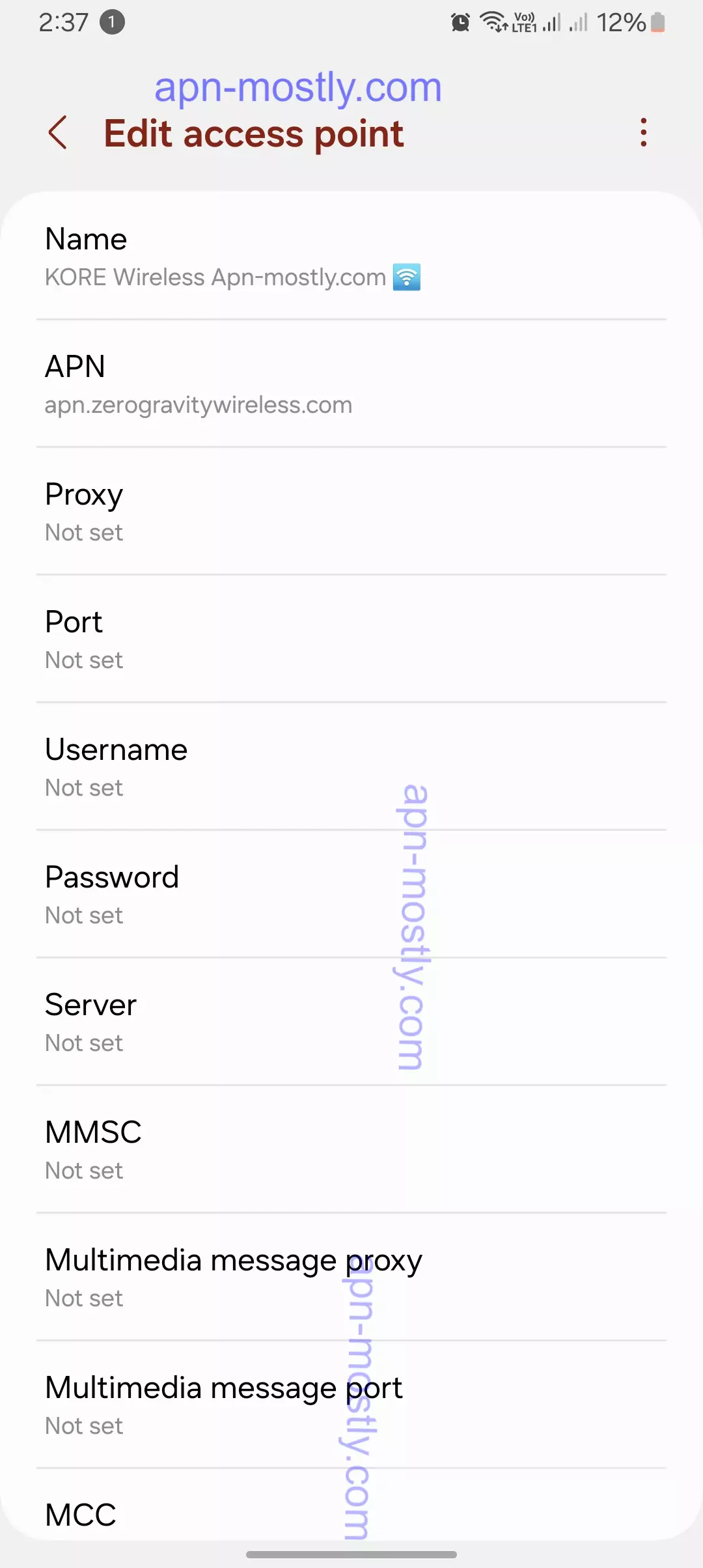 screenshot of KORE Wireless internet