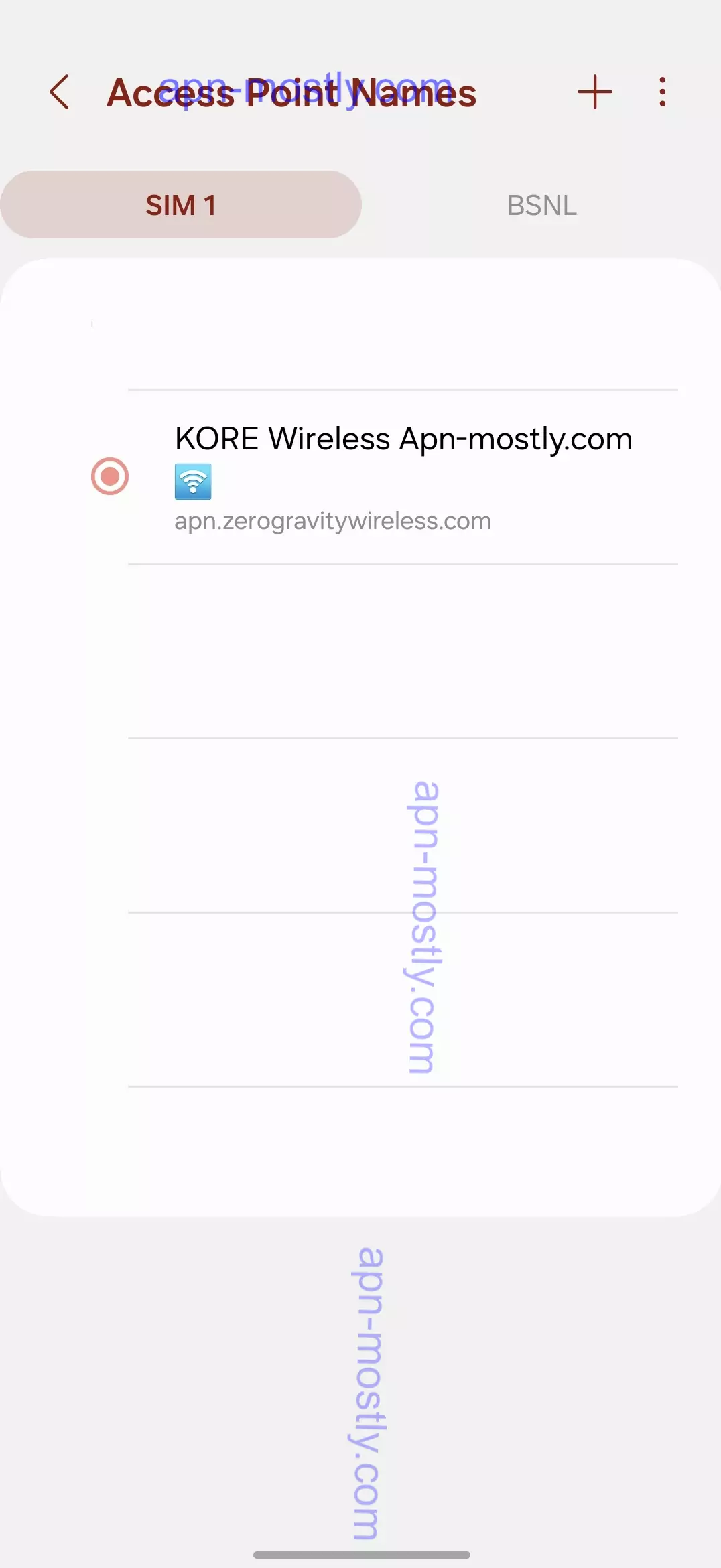 screenshot of access point names kore wireless apn mostly