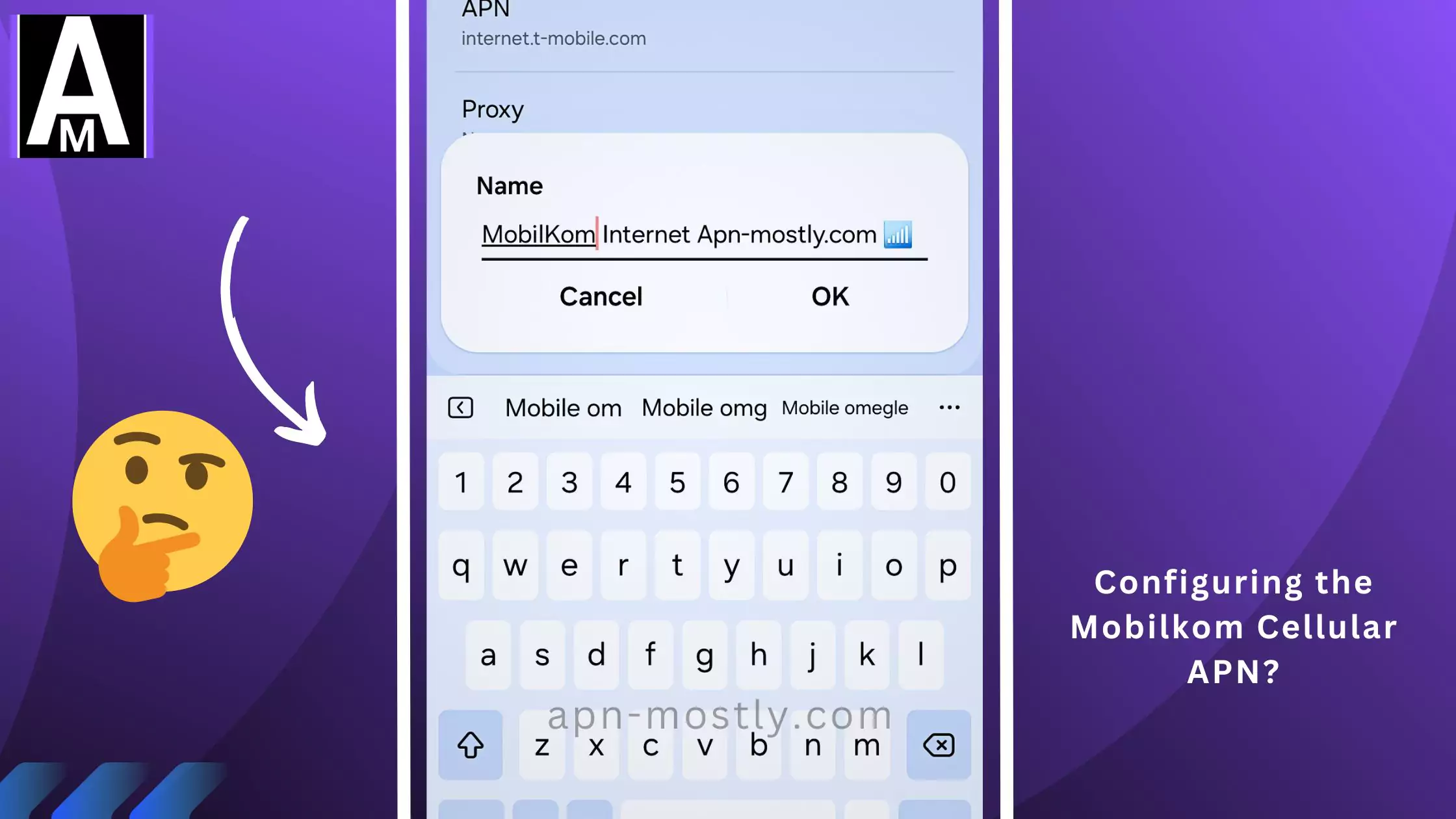 screenshot of editing the Mobilkom apn with configuring overlay text with thinking emoji