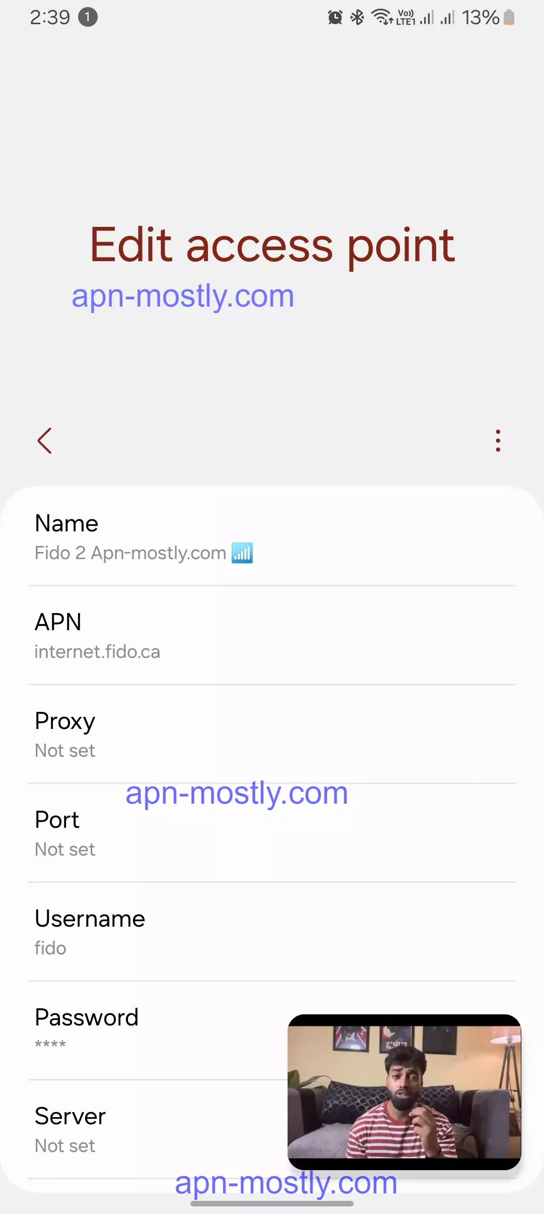screenshot of editing the access point name for fido