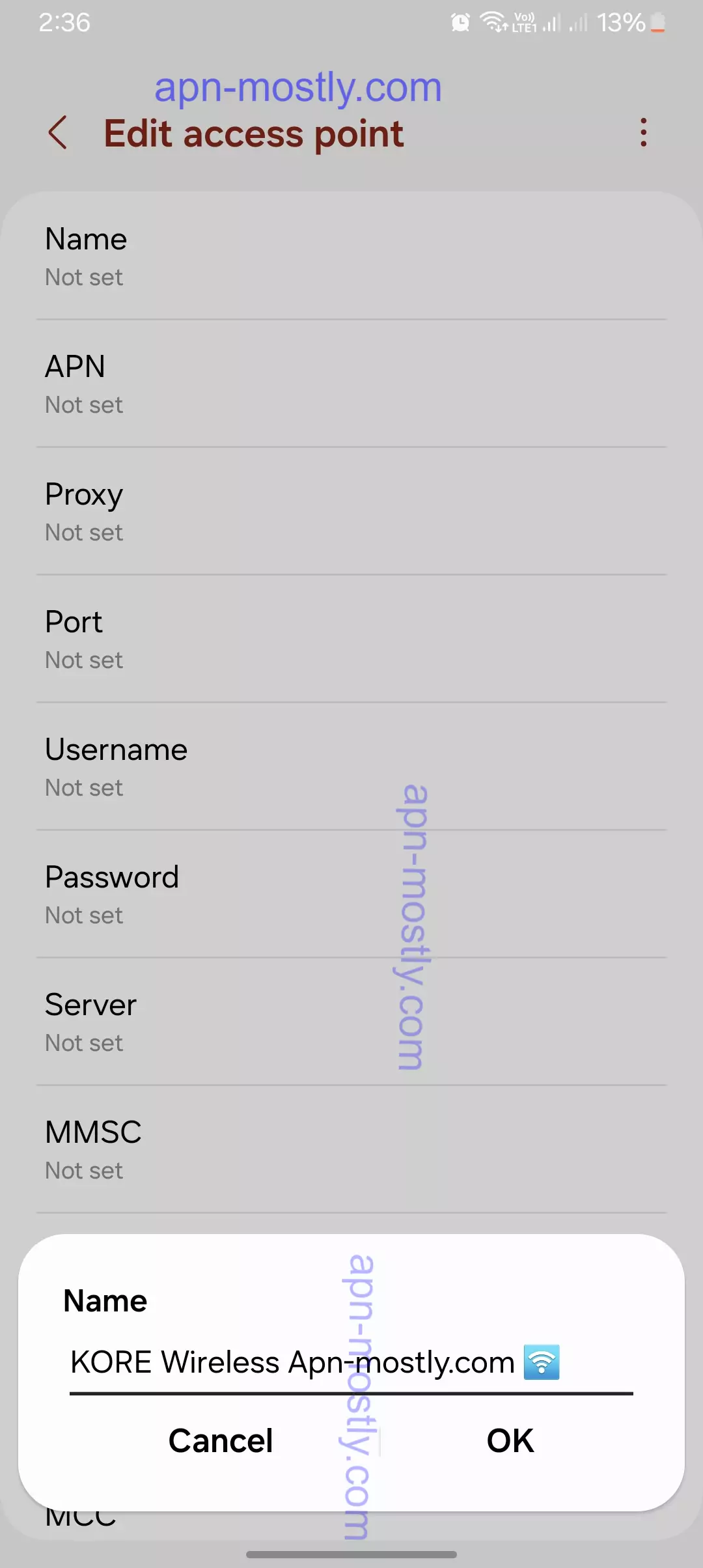 screenshot of naming the APN Kore Wireless