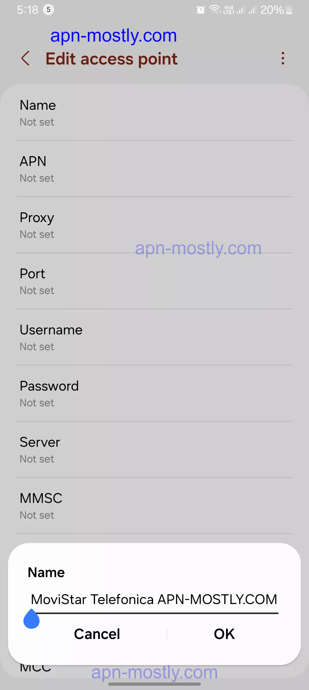 screenshot of naming the apn for telefonica