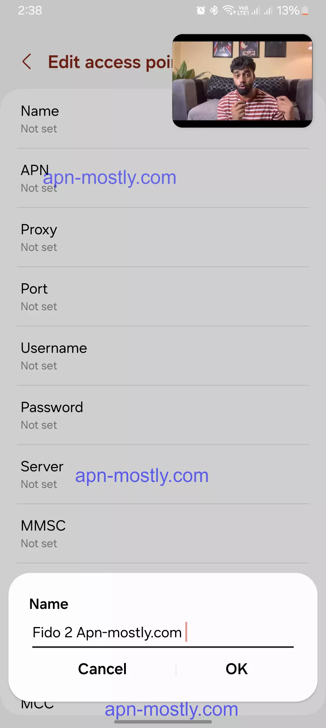screenshot of naming the fido apn settings
