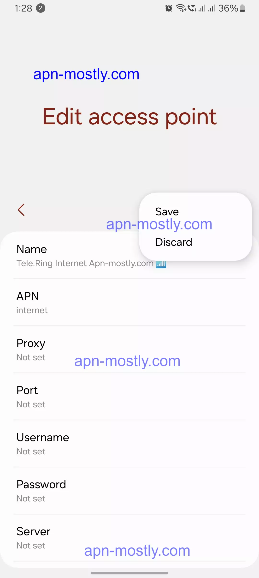 screenshot of saving the apn for Tele.ring