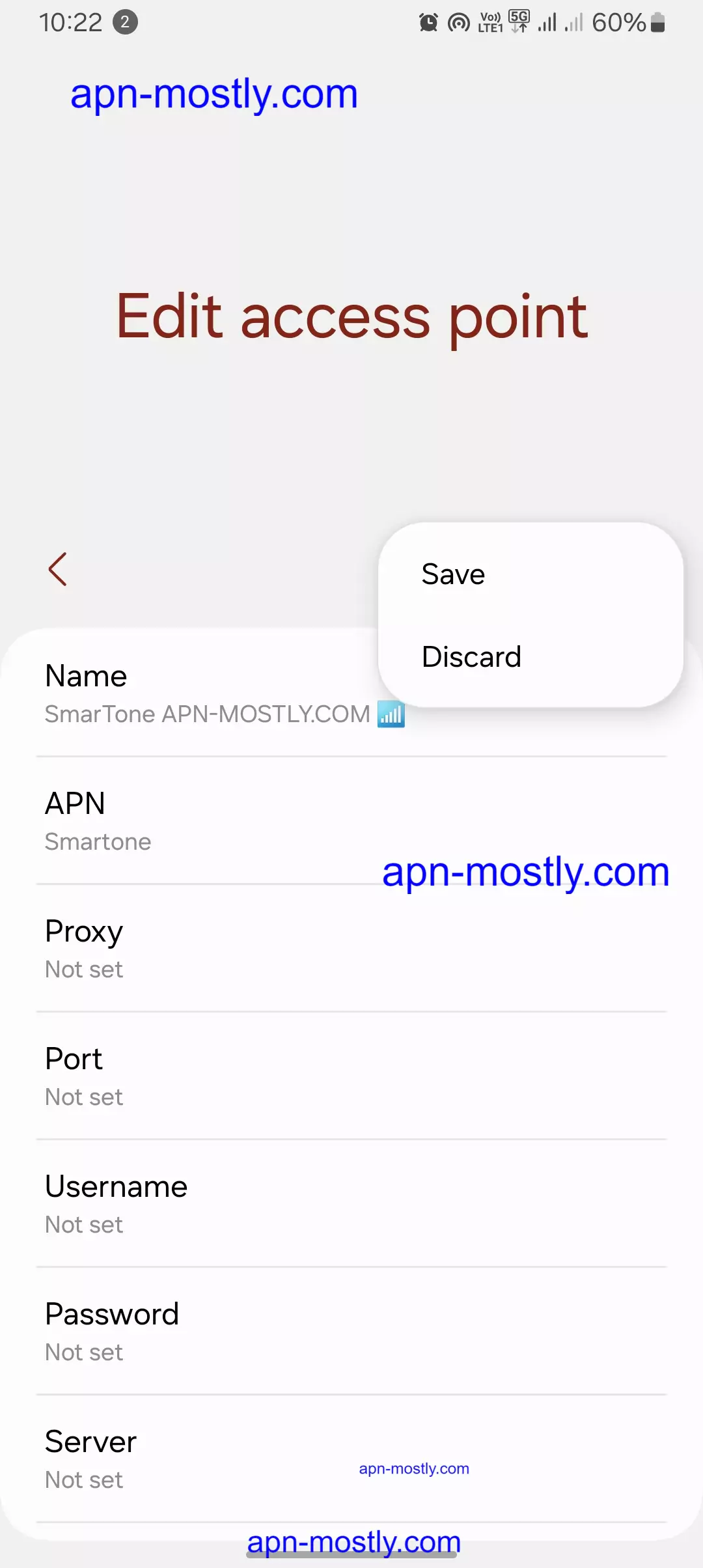 captured screenshot of saving the apn for smartone