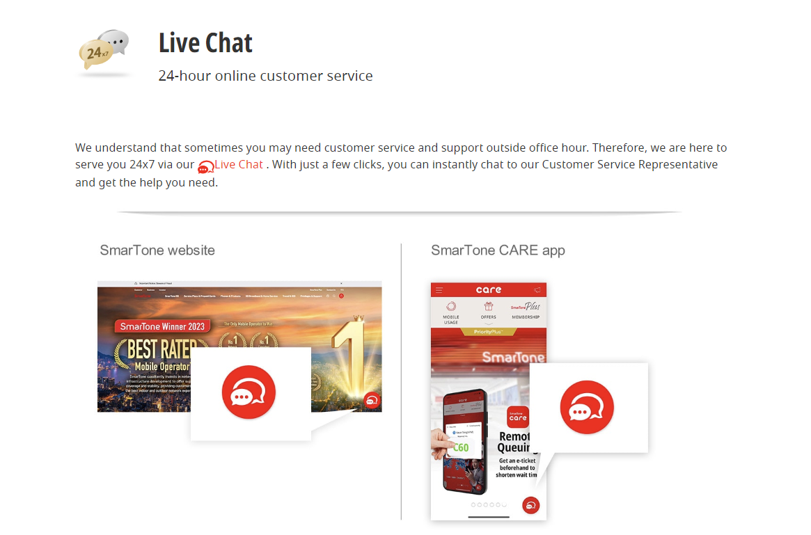 Screenshot of live chat for smartone.com options