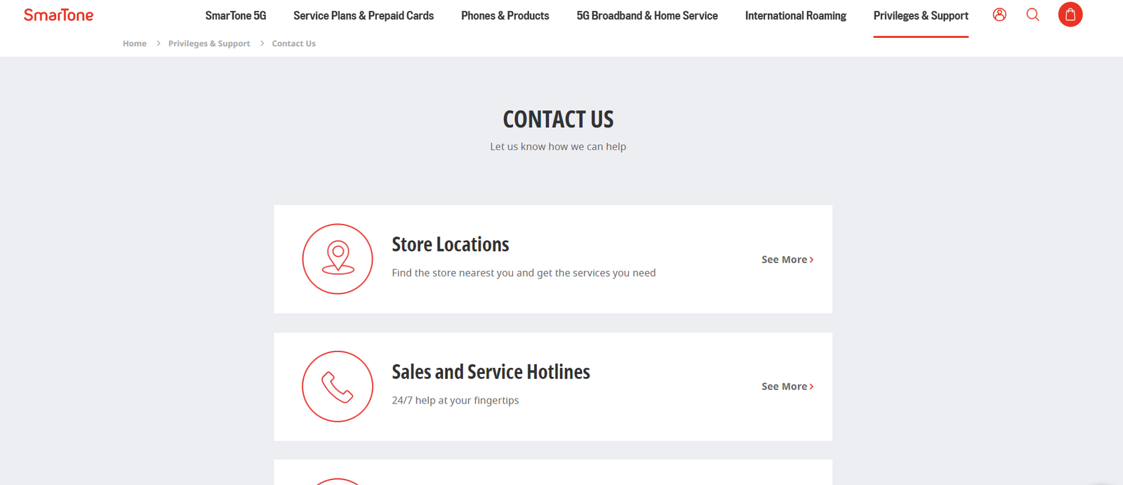 screenshot of contact us page for the smarTone internet services