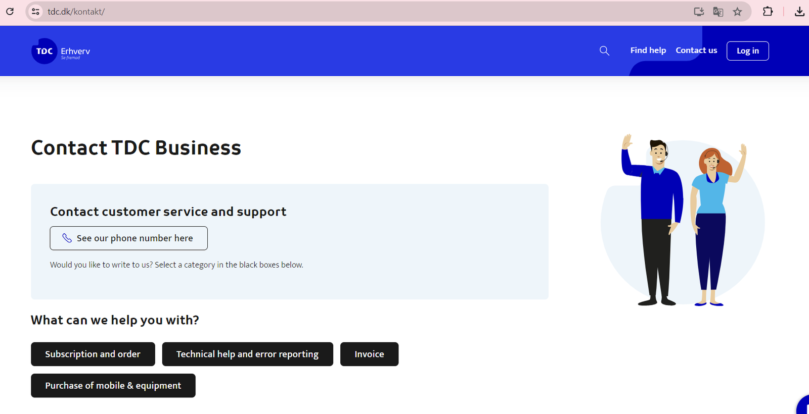 screenshot of contact us page for tdc.dk
