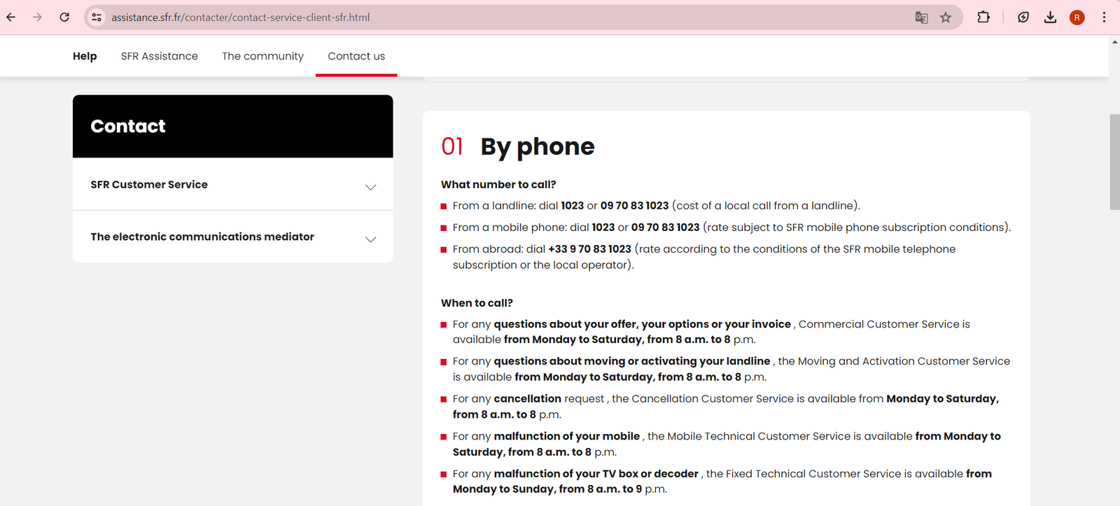 screenshot of contact by phone for SFR.fr
