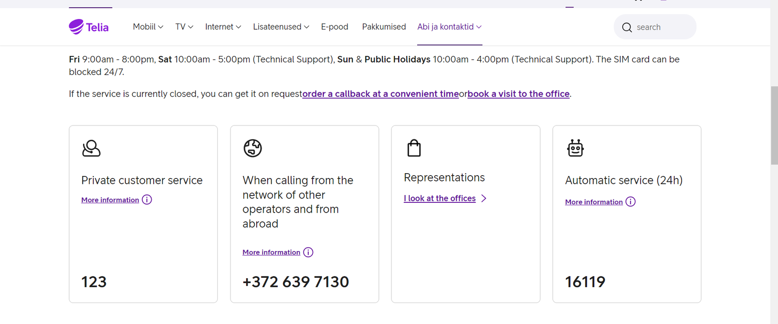 screenshot of telia contact details