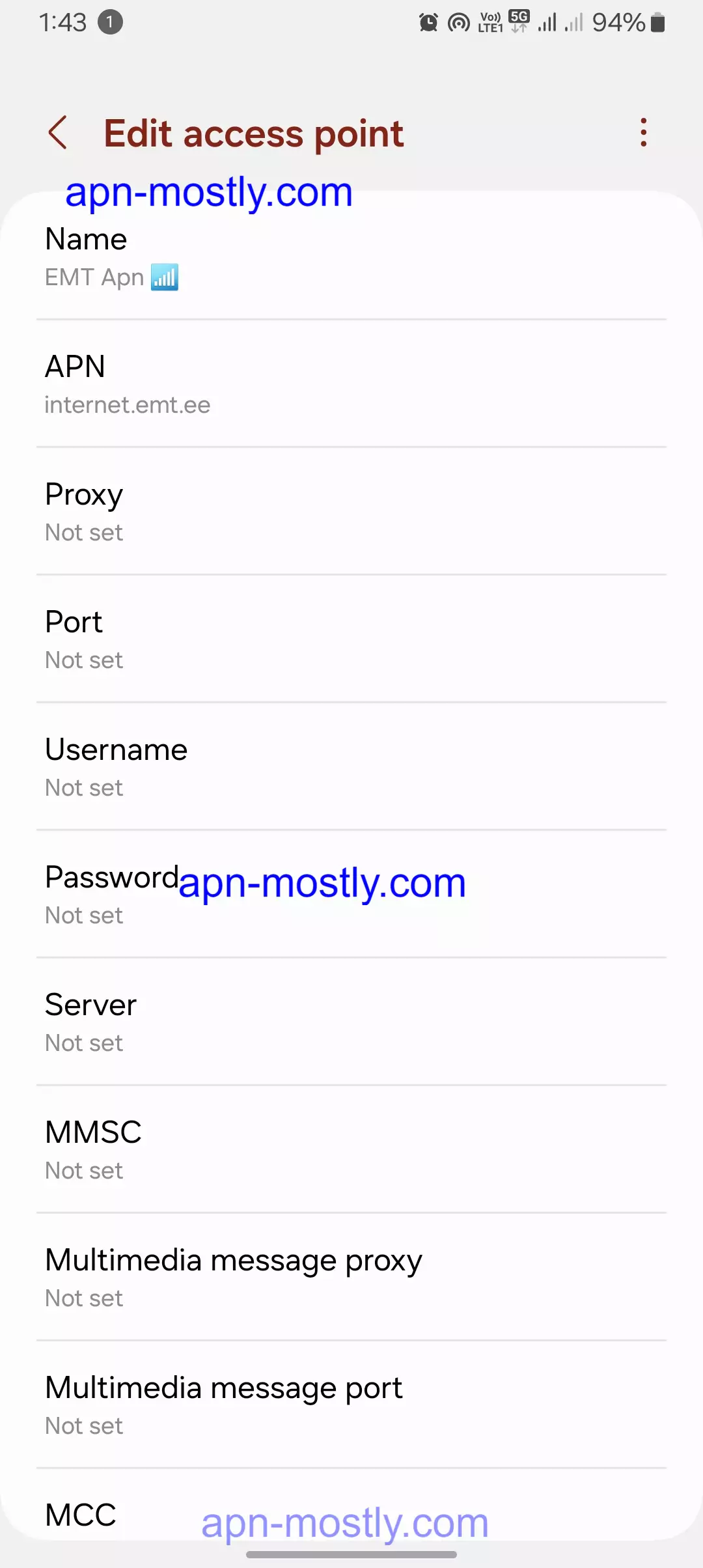 screenshot of emt apn for android 
