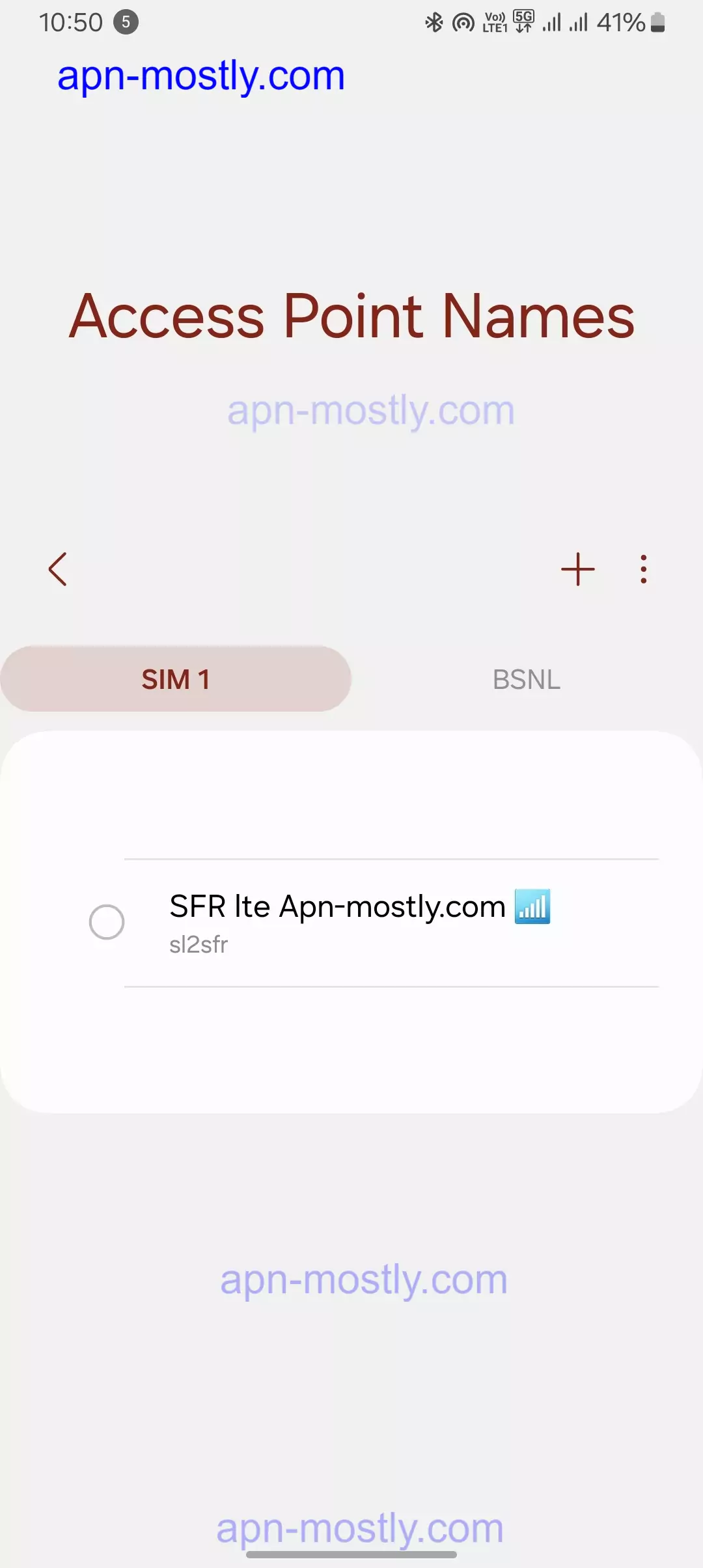 screenshot of access point names of SFR Lte apn mostly