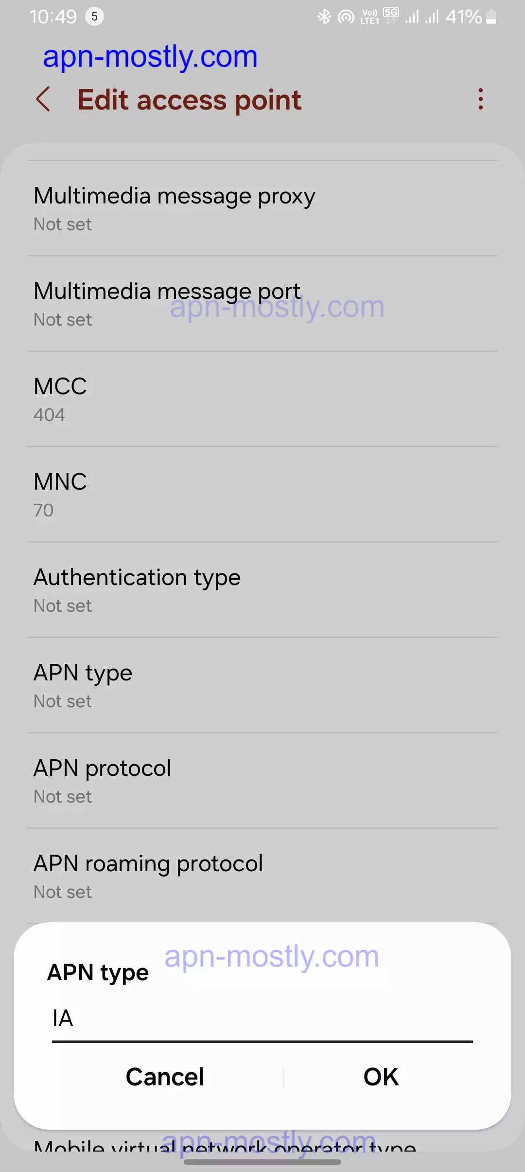 screenshot of adding the APN type for SFR