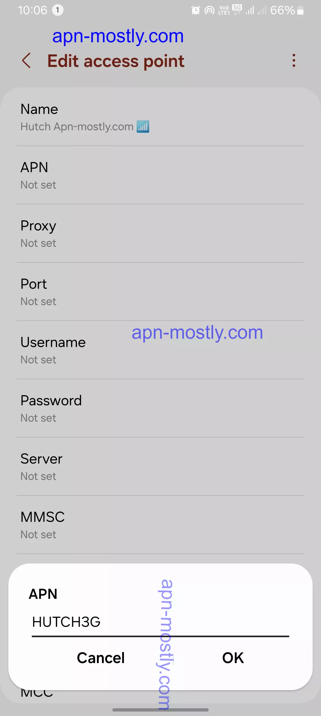 screenshot of adding the apn into the apn field for hutch