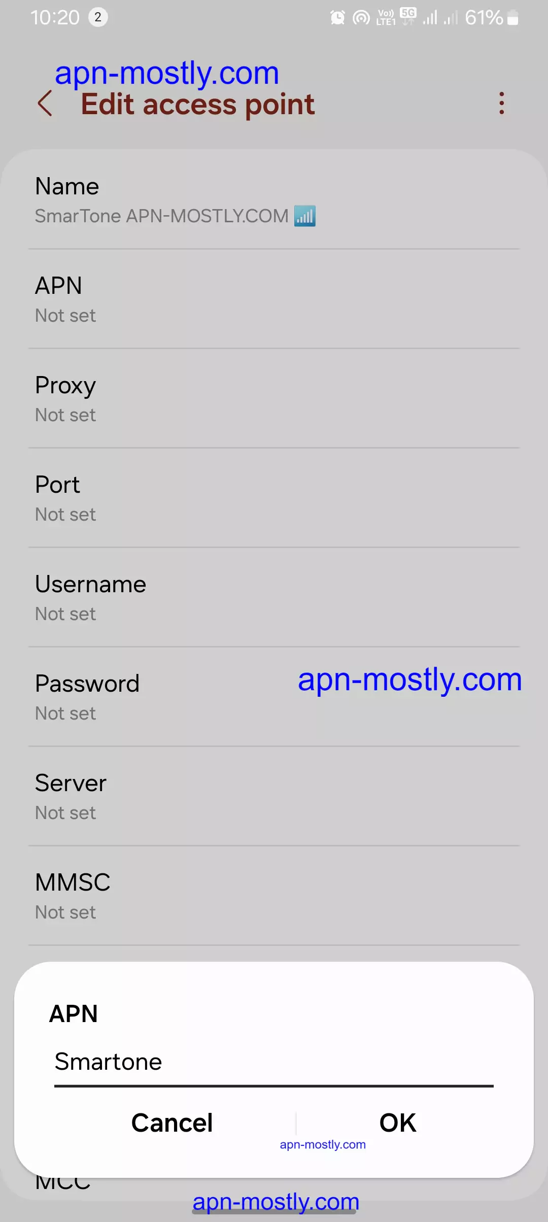 screenshot of adding the apn into the smartone internet