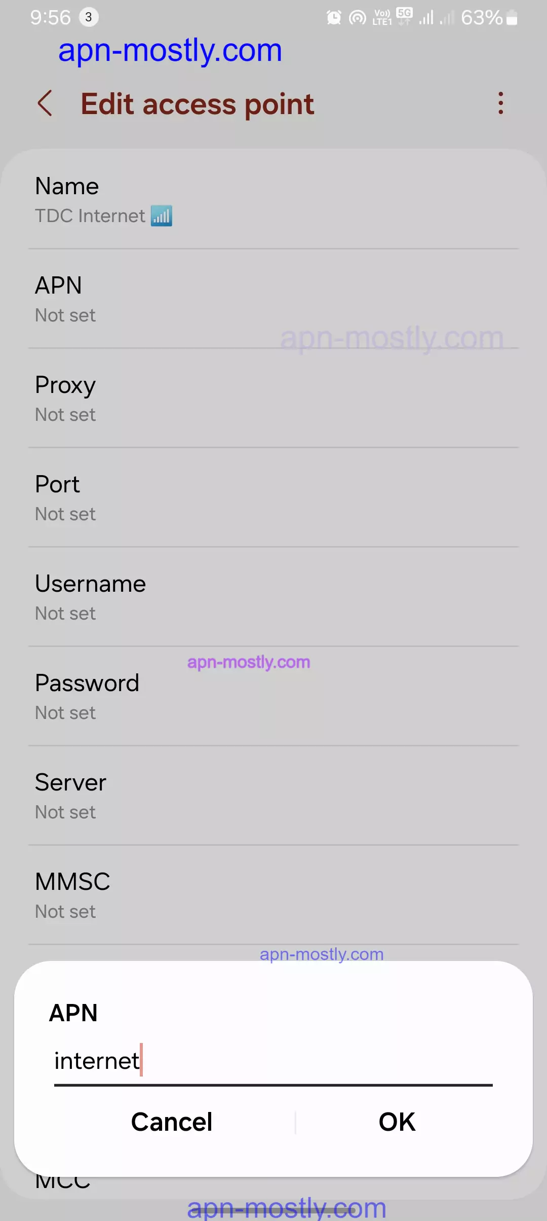 screenshot of adding the internet into the TDC internet settings