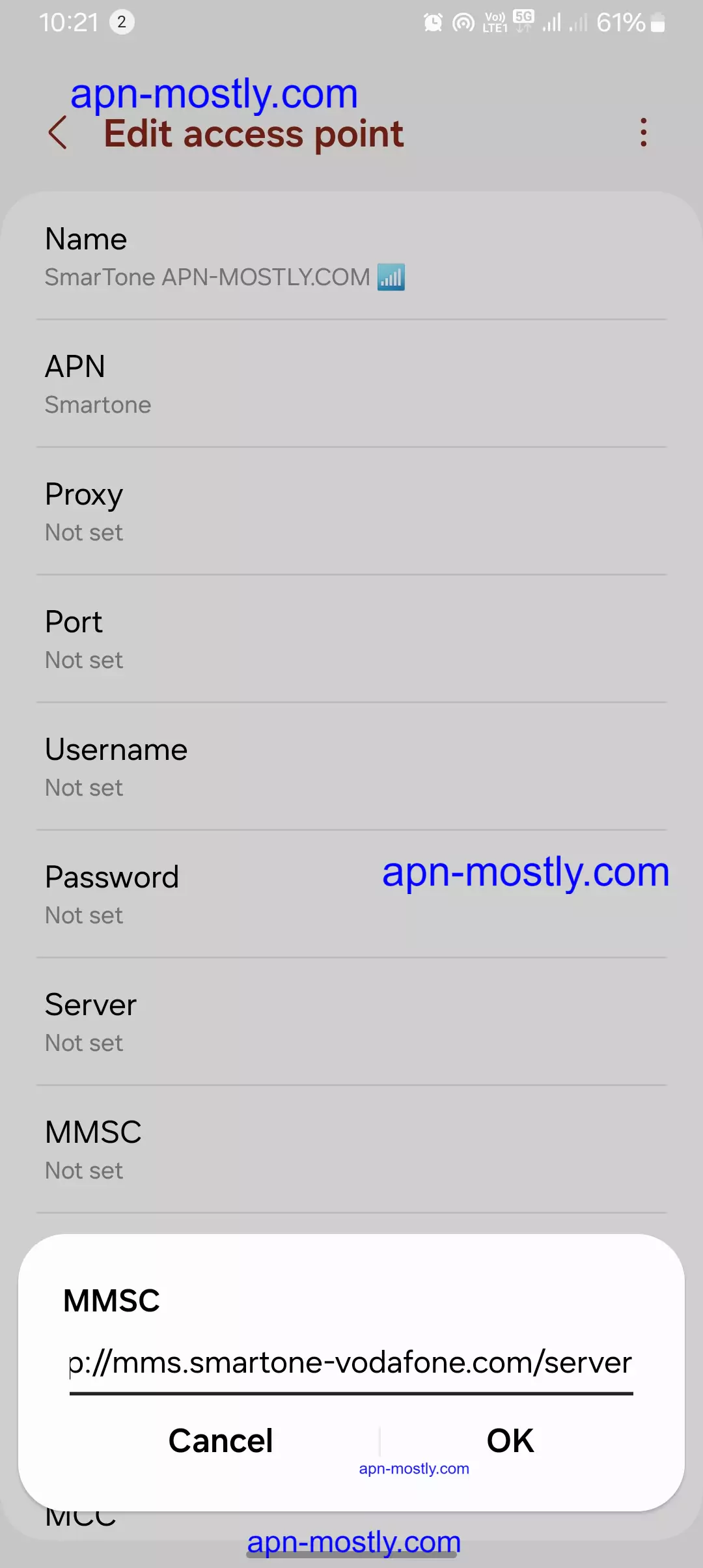 screenshot of adding the mmsc for the Smartone