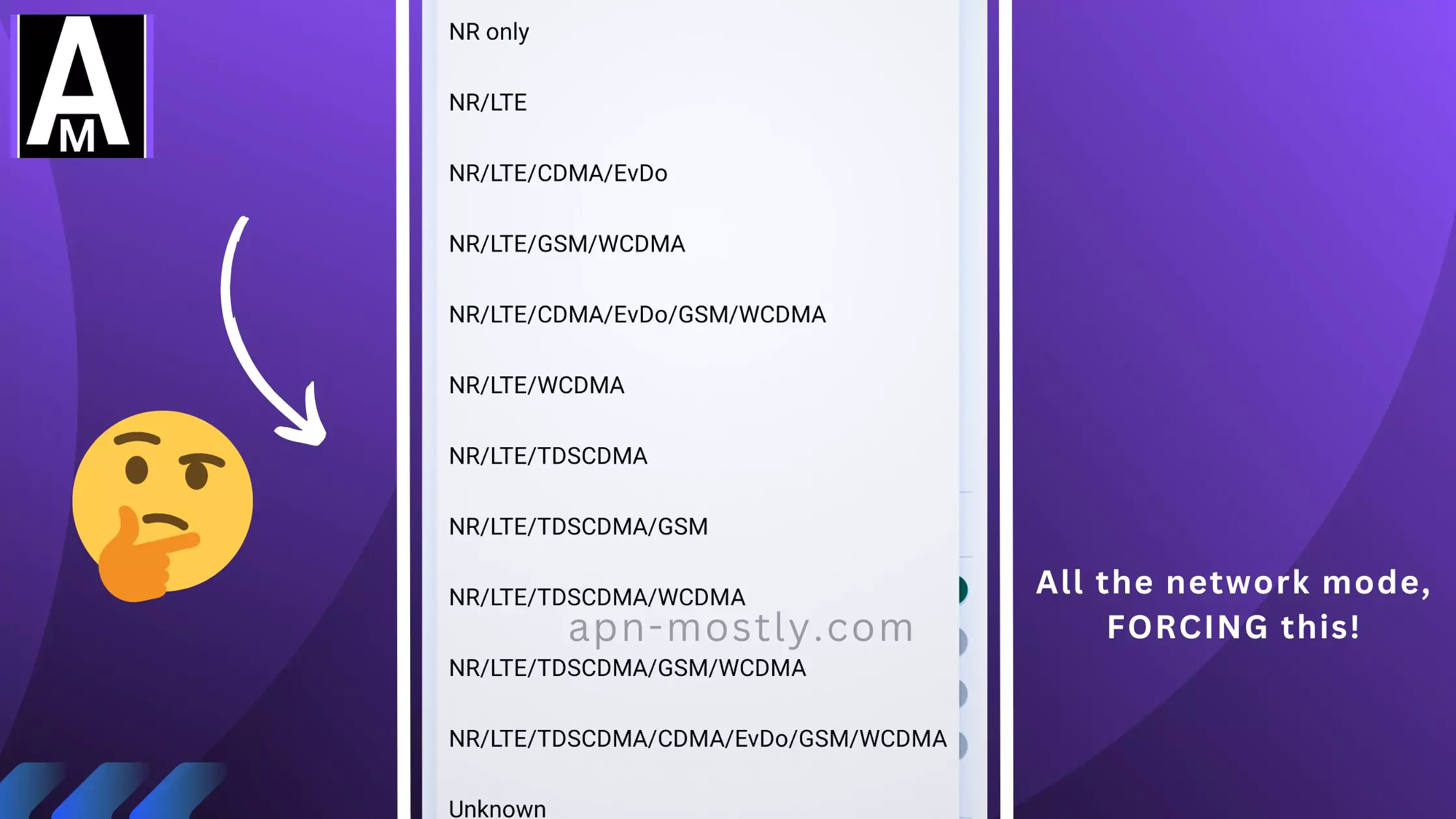 screenshot of all the network mode and bands available on the phone with similar overlay text and a thinking emoji