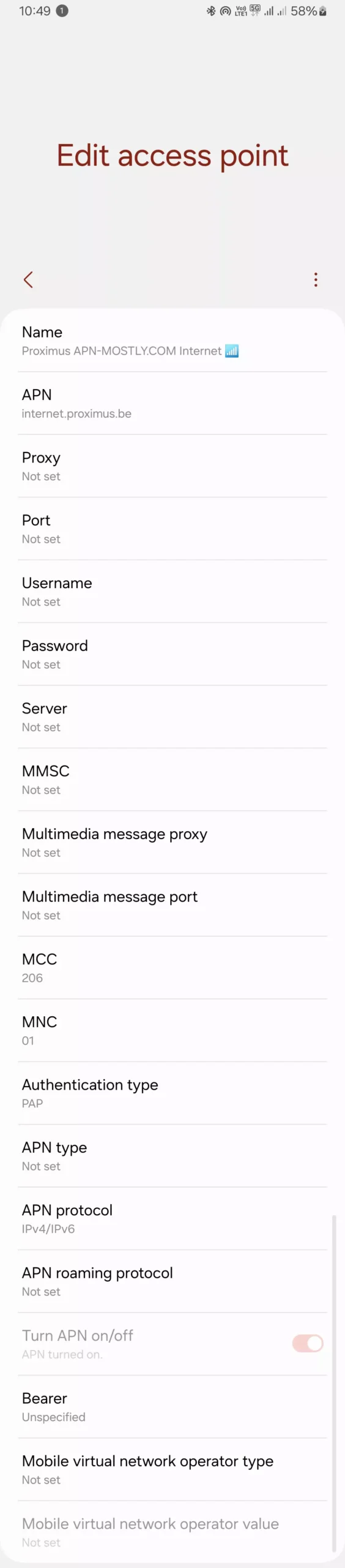 screenshot of complete proximus apn