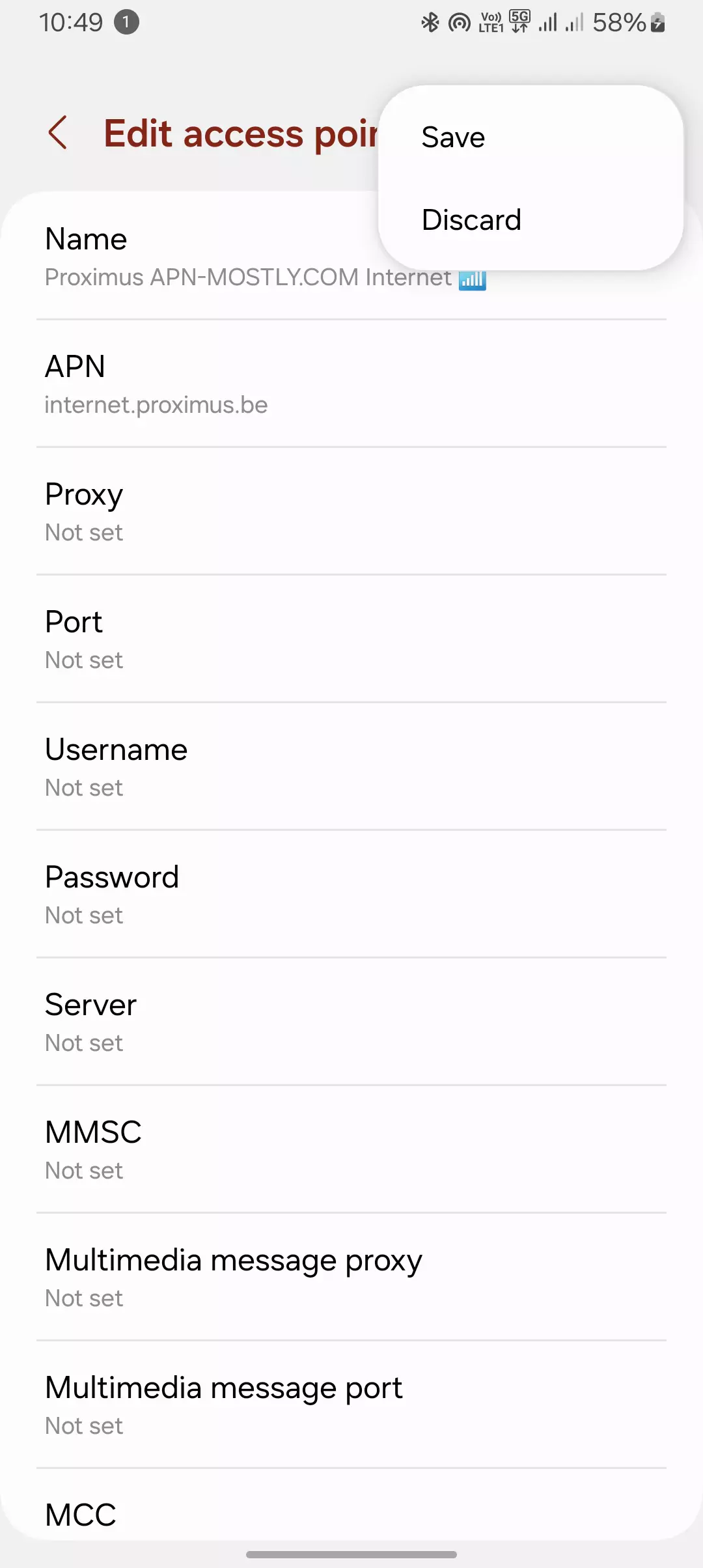 screenshot of editing and saving the apn for proximus