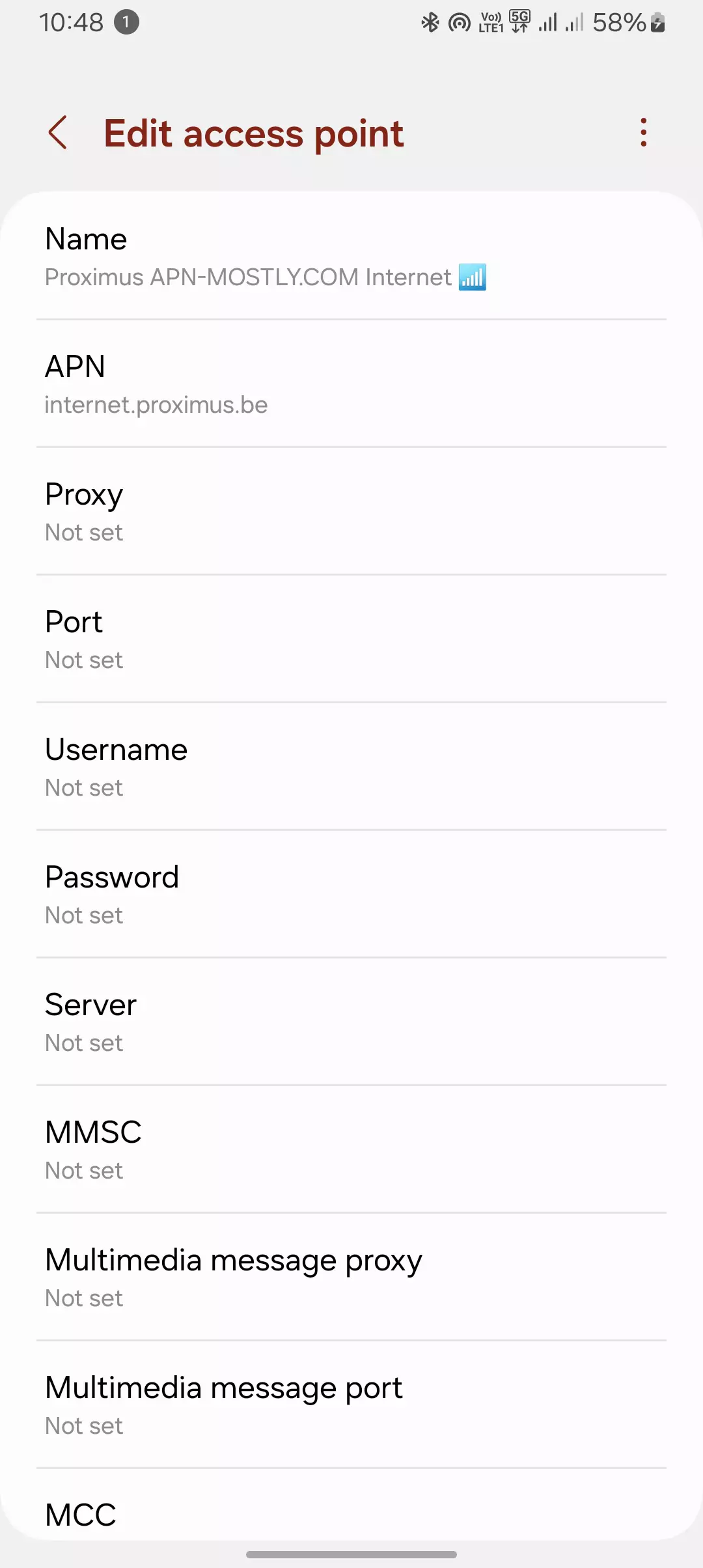 screenshot of editing proximus apn