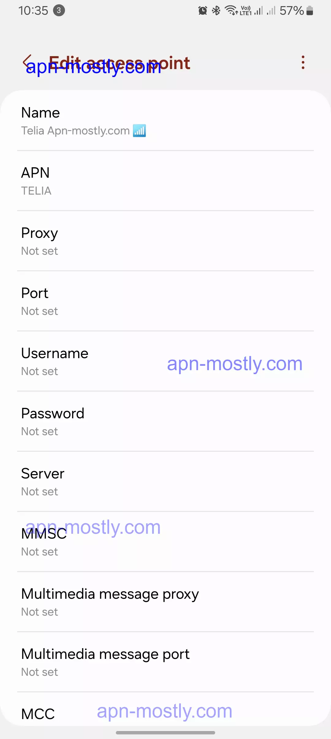 screenshot of editing the telia apn fot devices