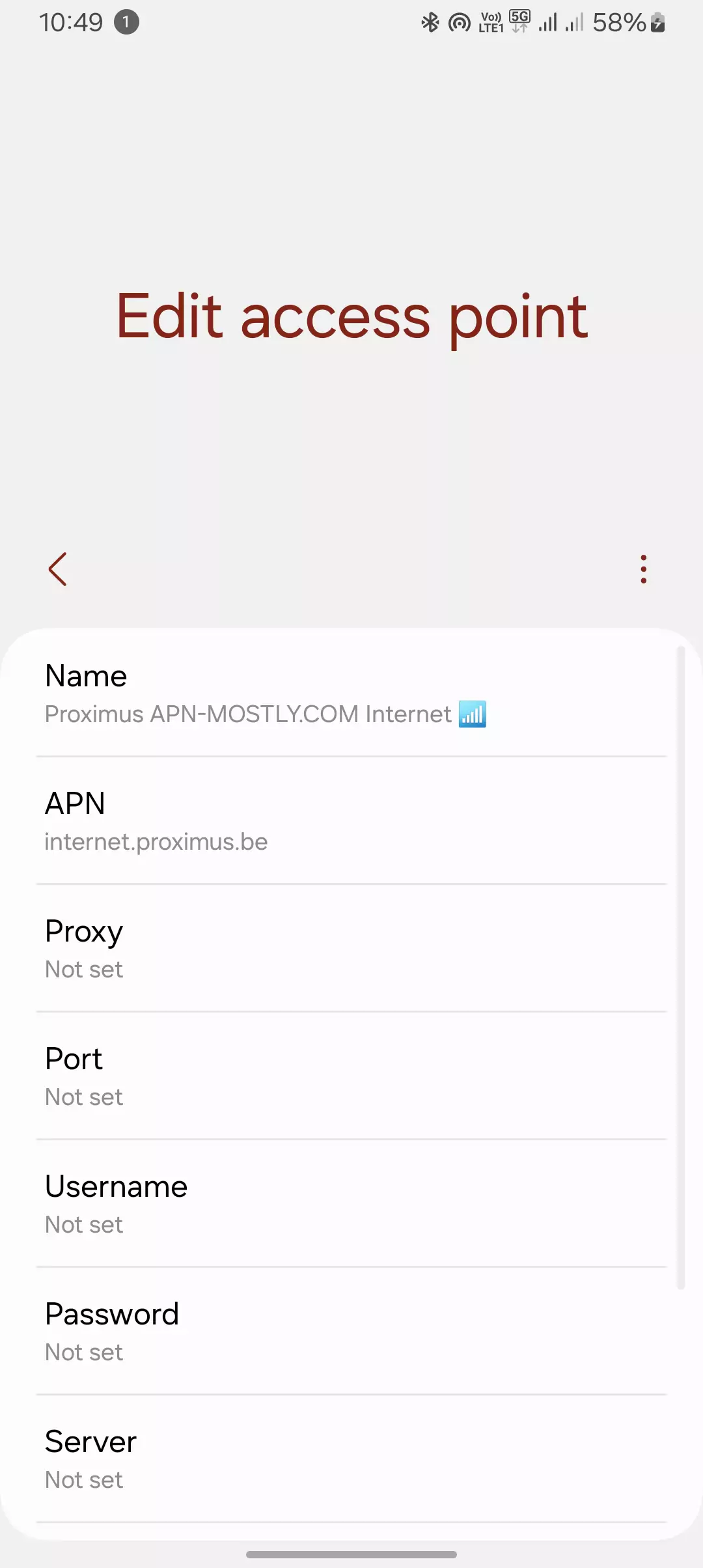 screenshot of editing the proximus apn