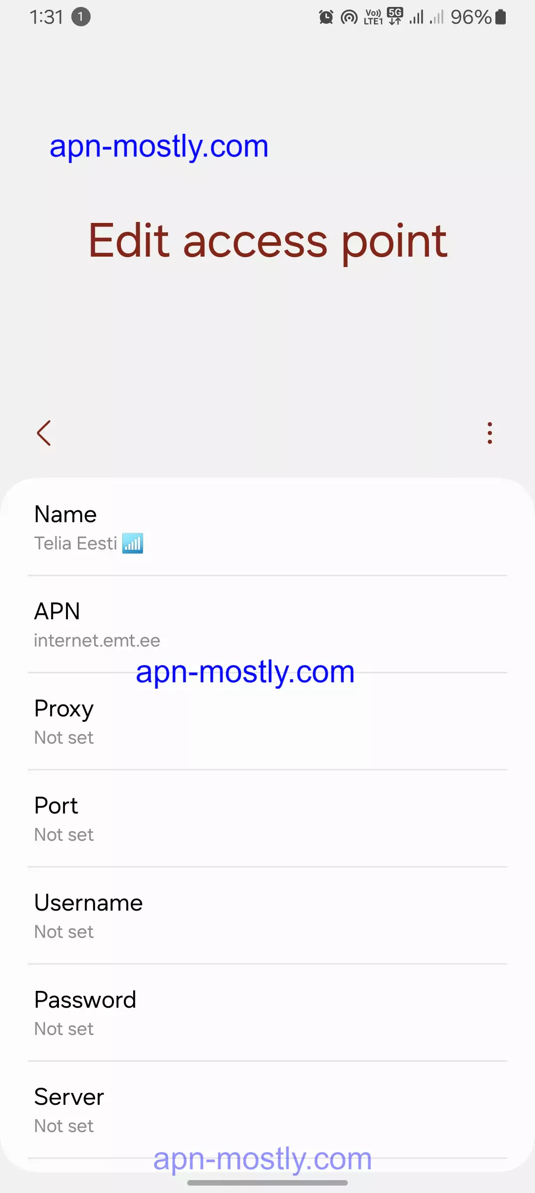 screenshot of editing access point for telia estia