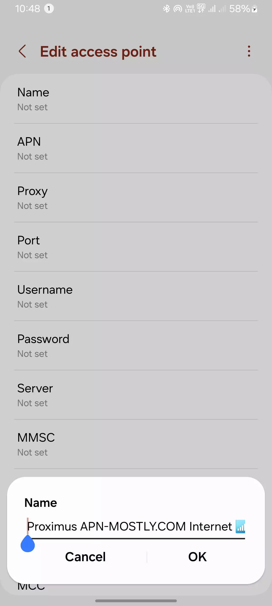 screenshot of naming the APN for proximus