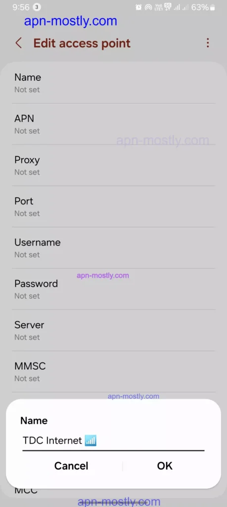 screenshot of naming the TDC Apn