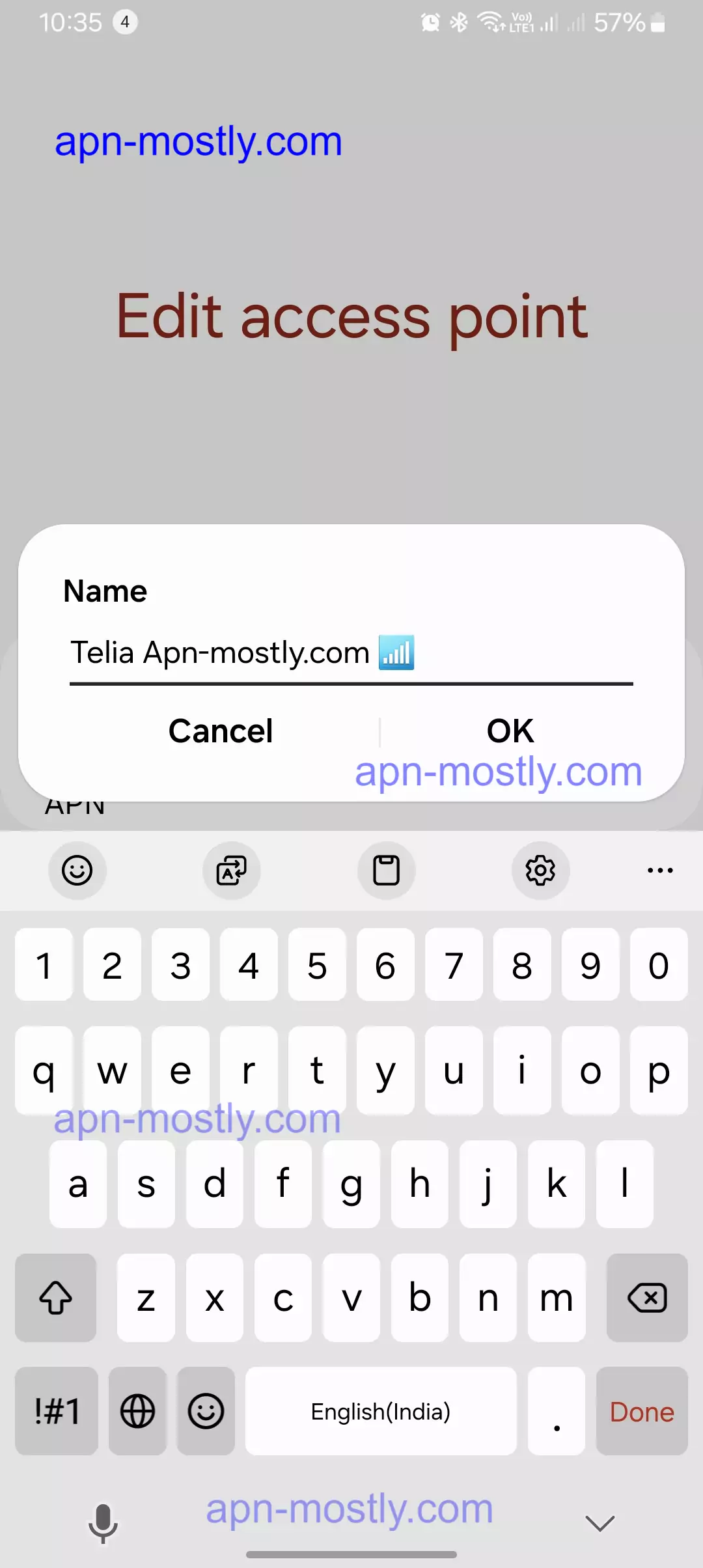 screenshot of naming the apn for telia network