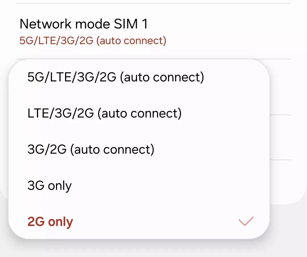 screenshot of network mode selection for sim with 5g lte 3g and 2g in the image