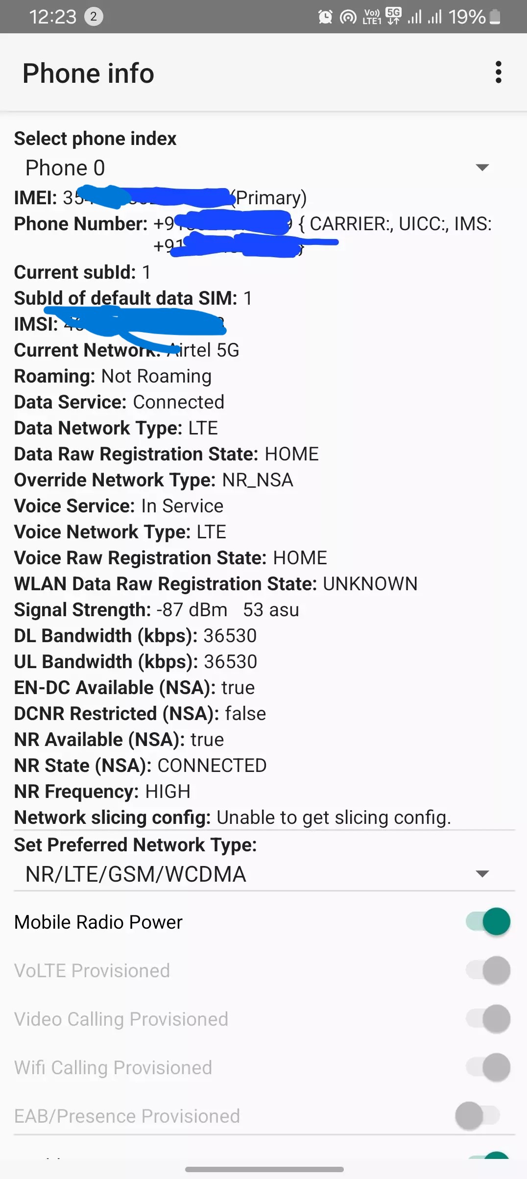 screenshot of phone details menu with all the network details imei etc