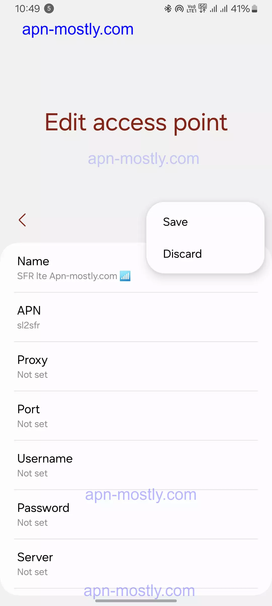 screenshot of saving the SFR internet apn settings