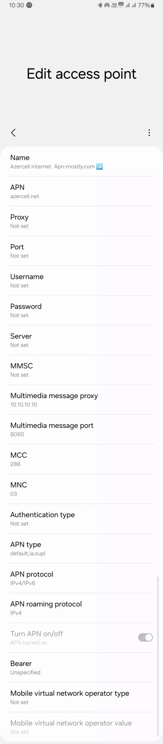 complete screenshot of all the details for the azercell apn