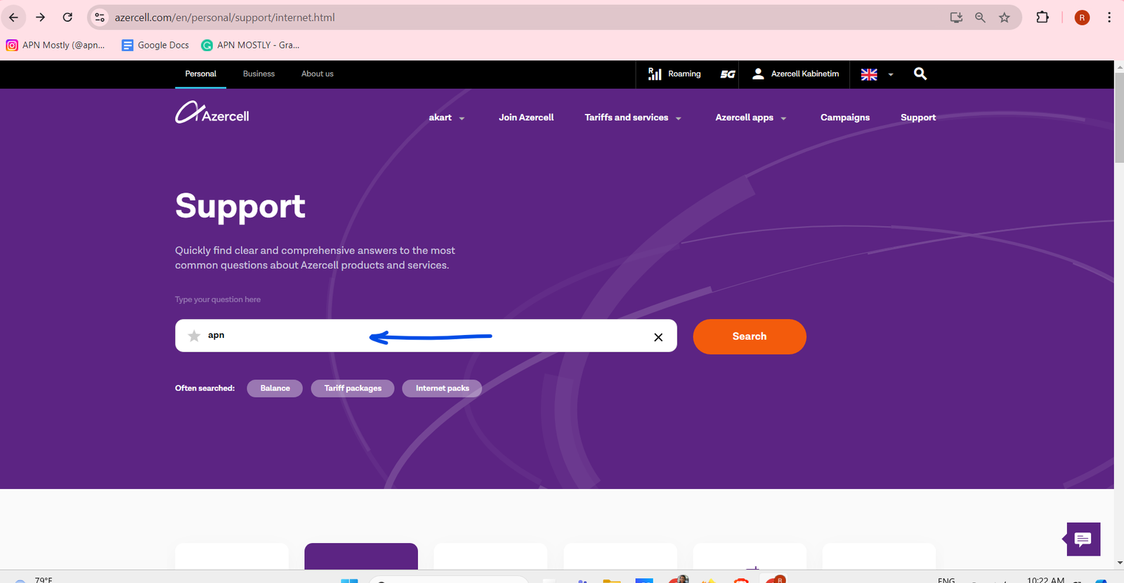 screenshot of azercell support page for internet