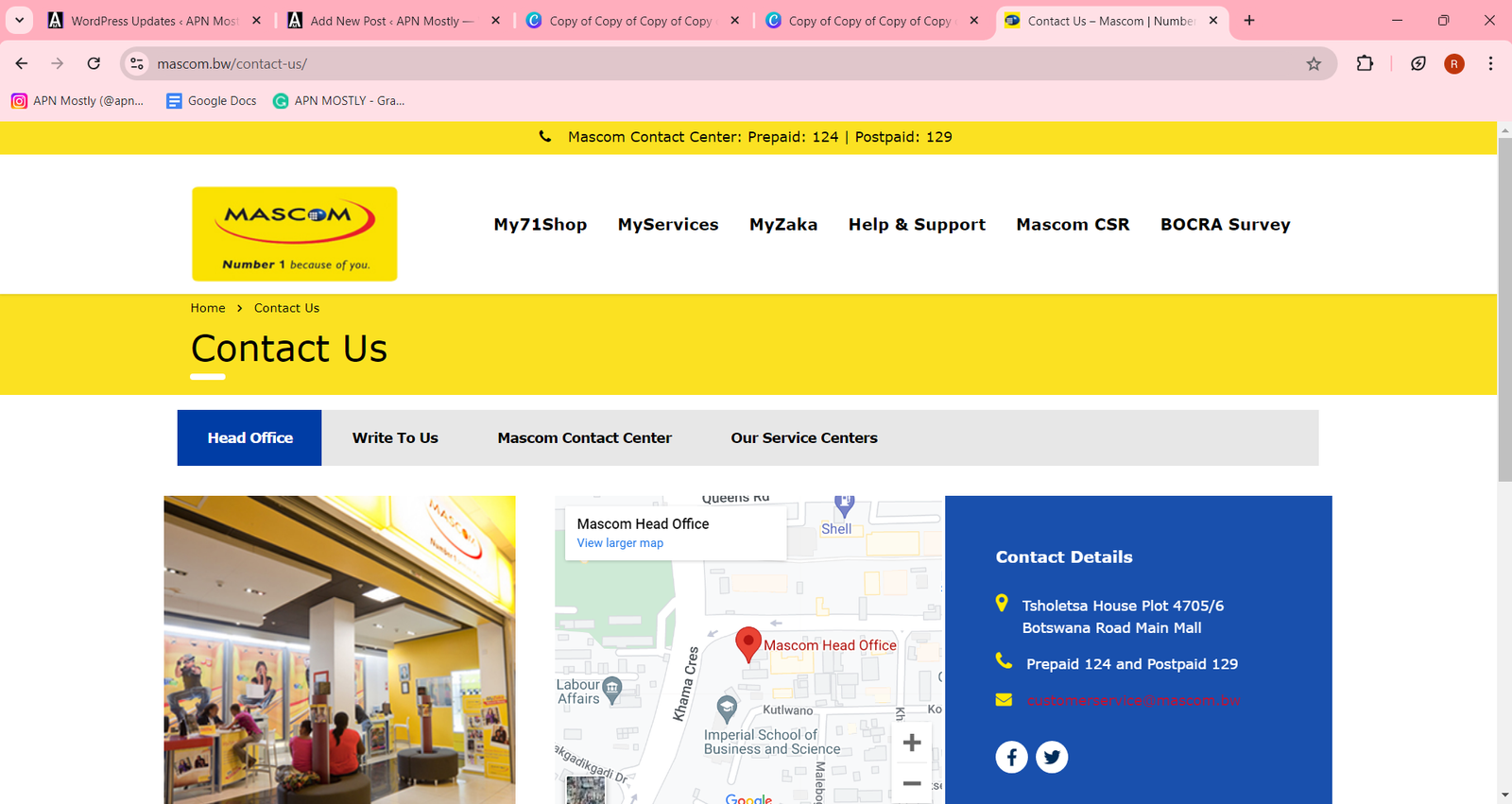 screenshot of mascom website contact us page