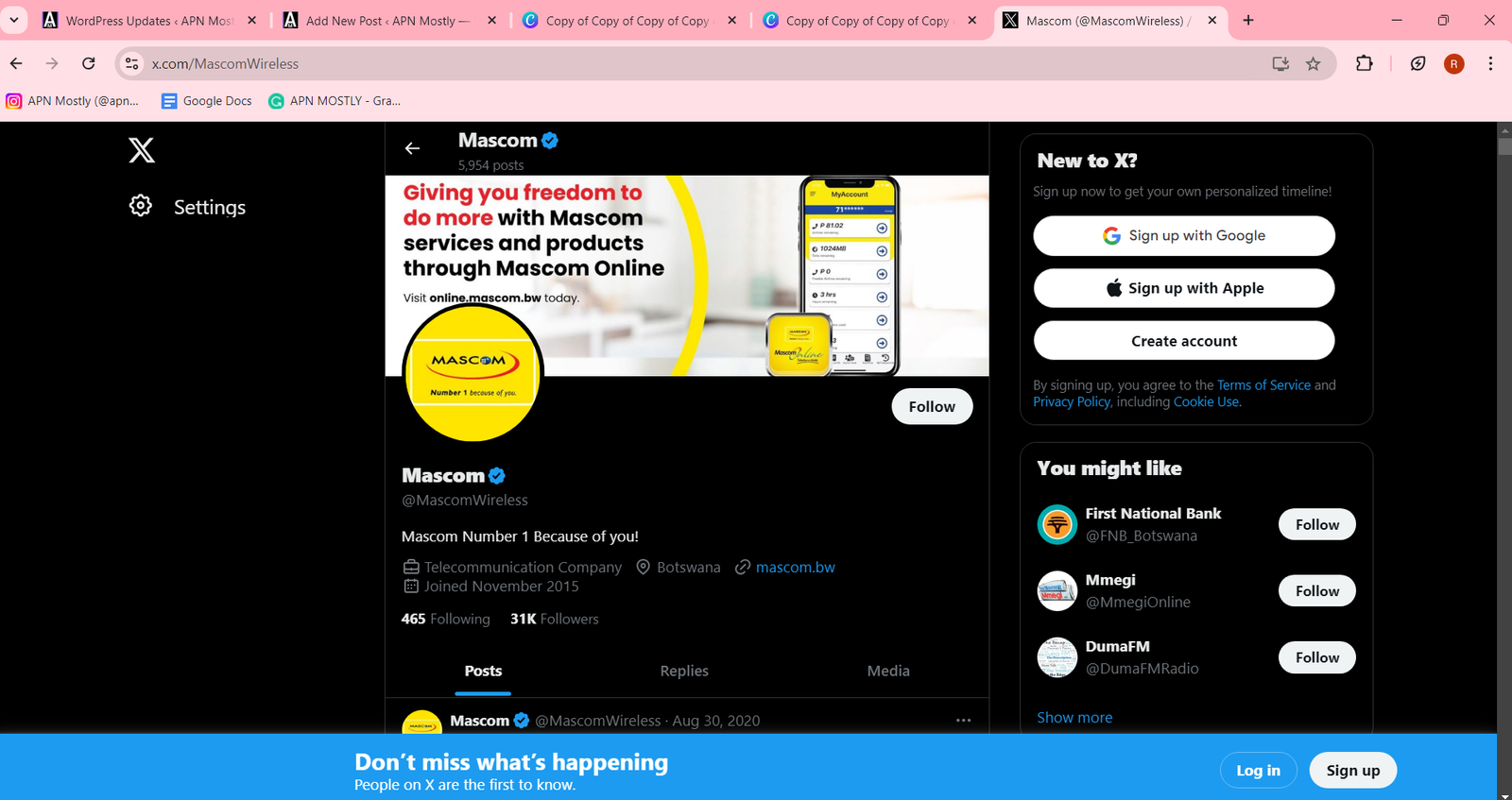 screenshot of twitter page for the mascom