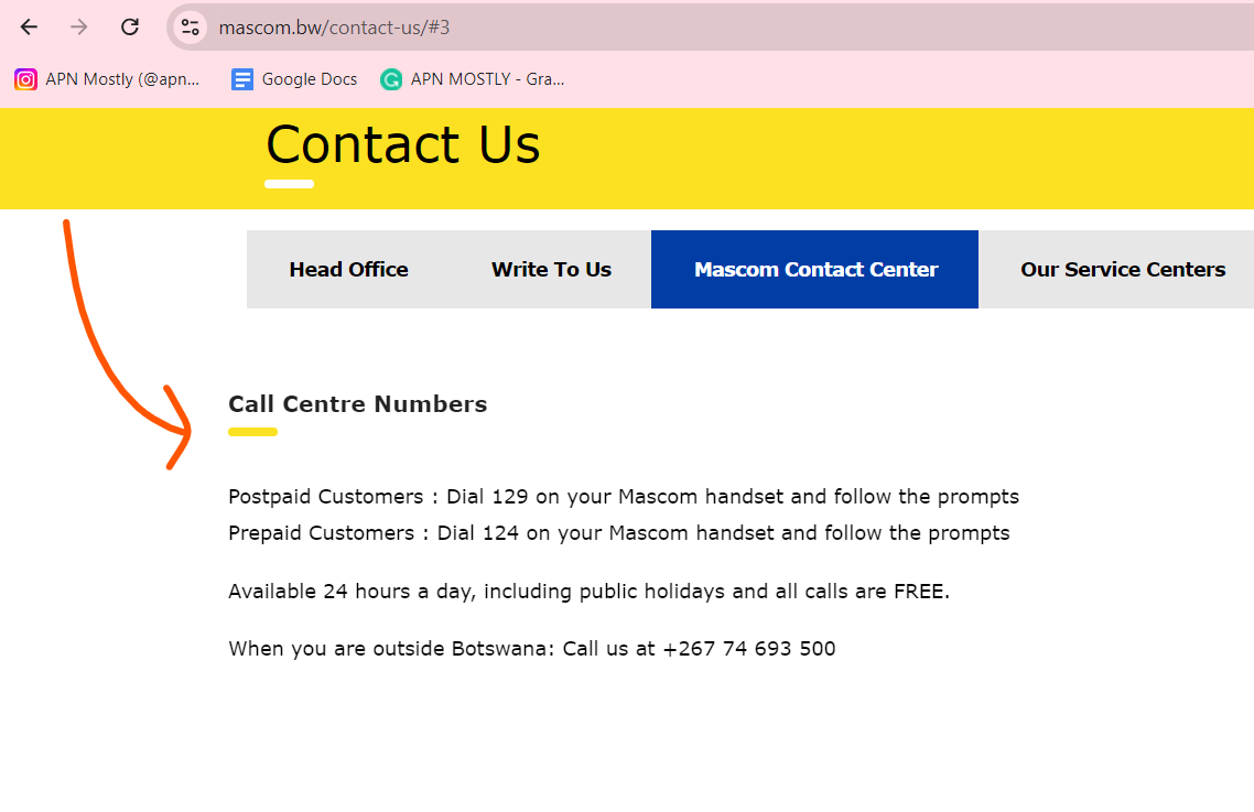 screenshot of mascom contacat us call centre number