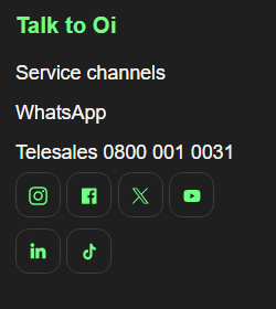screenshot of talk to oi telecom with mobile number and social media links