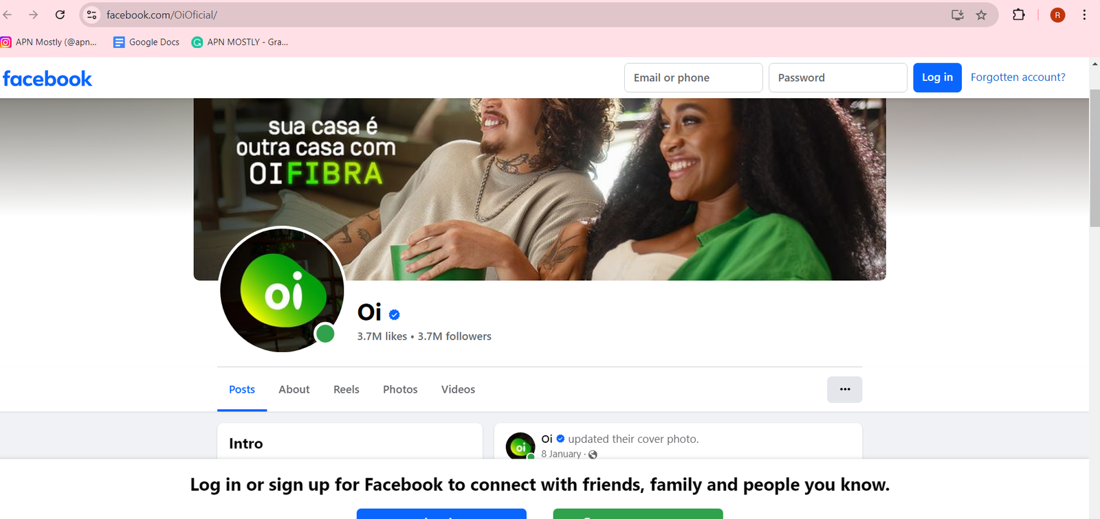 screenshot of facebook page for the Oi