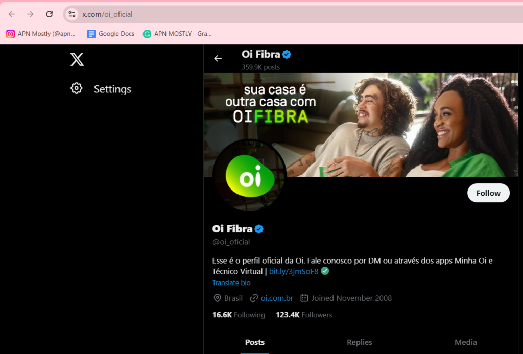 screenshot of twitter page for the Oi fibra