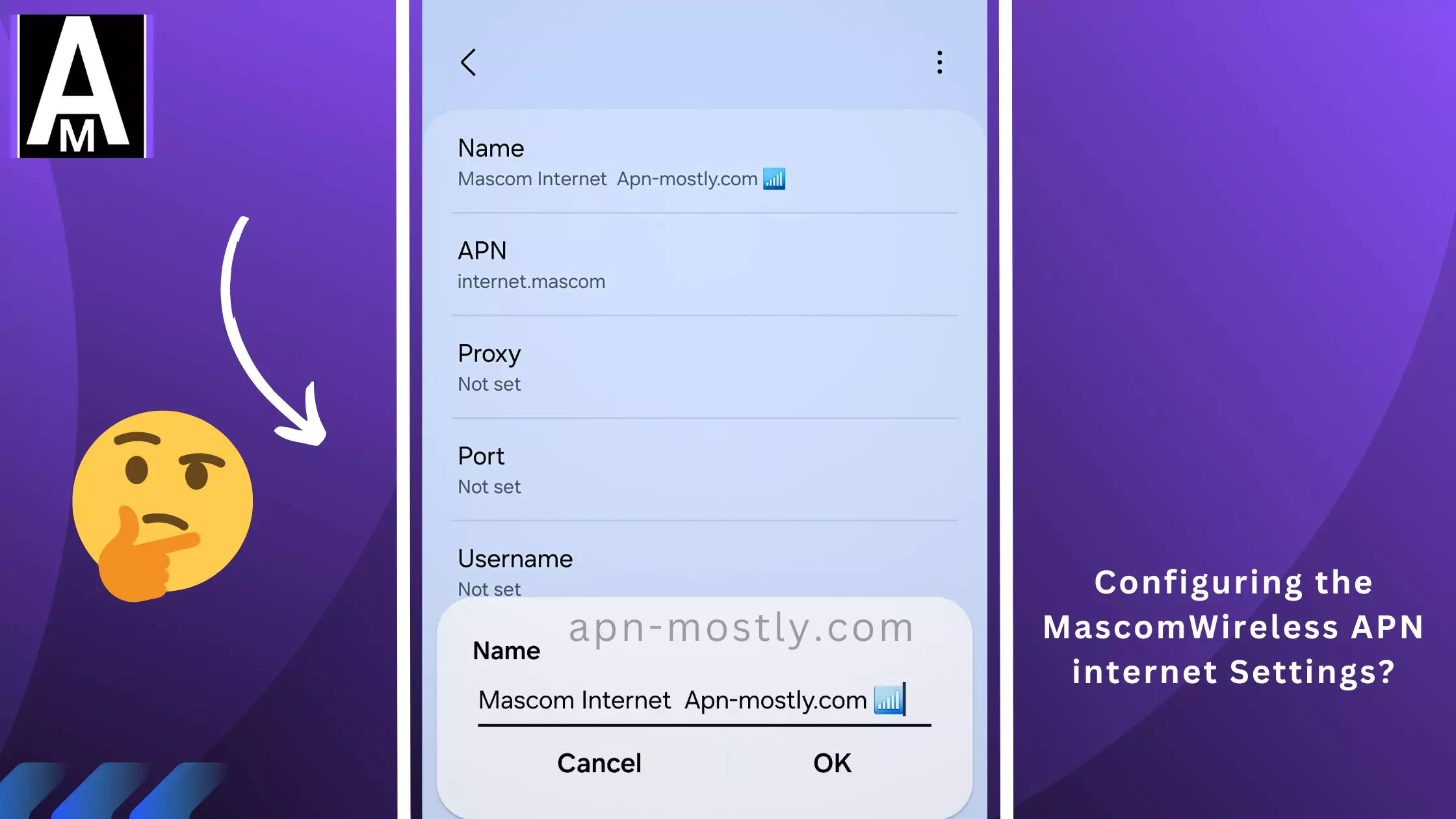 screenshot of configuring the Mascom wireless apn with same overlay text and thinking emoji